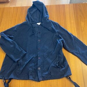 J Jill Cotton Linen Blend Navy Sweatshirt Jacket size Large with Pockets, Ties
